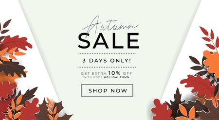 Autumn sale promo banner with paper style leaves vector illustration. Template with profitable proposition of three days only sell-out and get shop now button flat style concept. Advertising conceptのイラスト素材