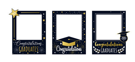 Congratulations graduates 2020 frame set vector illustration. Colorful photo booth with festive stars and teaching attributes, bachelor caps and golden font inscription. End of school conceptのイラスト素材