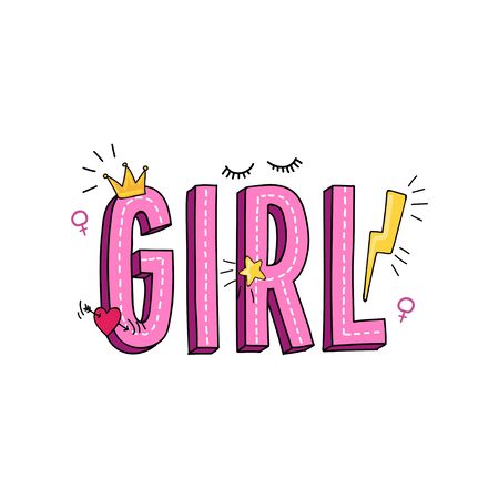 Girl inscription in pink color with doodles vector illustration. Cute inspirational card for woman with colorful symbols heart, star and crown, lashes on white. Poster with colorful letteringのイラスト素材