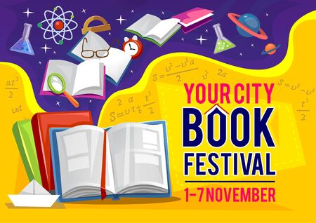 Your city book festival in September banner or flyer invitation vector illustration. Poster open textbook, flask and ruler, loupe and clock symbol. Educational postcard with formulasのイラスト素材