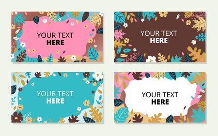 Spring or summer backgrounds with place for text set vector illustration. Collection of postcard with colorful flowers and leaves. Wallpaper with blossom and white spaceのイラスト素材