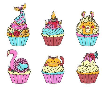 Cute cupcakes with pretty sweet animals set vector illustration. Collection of delicious cakes with fairy-tale heroes flat style concept. Isolated on whiteのイラスト素材