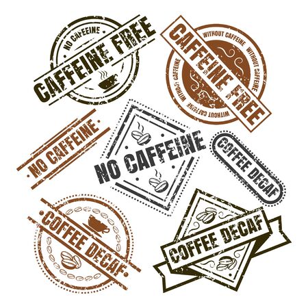 Decaffeinated labels in black and brown colors set vector illustration. Collection of caffeine free emblem, grunge rubber stamps flat style concept. Isolated on whiteのイラスト素材