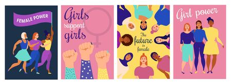 Female power inspirational quotes posters collection vector illustration. Set of templates with feminist slogans flat style design. Woman rights conceptのイラスト素材