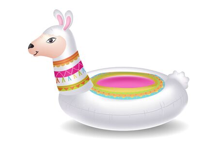 Childrens swimming circle in shape of alpaca vector illustration. Llama pool ring floater rubber inflatable toy flat style concept. Summer time conceptのイラスト素材