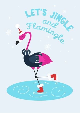 Lets jingle and flamingo holidays greeting card vector illustration. Cute pink bird skating and wearing striped outfit with party hat flat style design. Merry Christmas conceptのイラスト素材