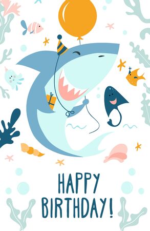 Happy birthday greeting card in marine style vector illustration. Festive template with cute smiling baby shark, fishes, ramp and starfish. Invitation on birth party flat style conceptのイラスト素材