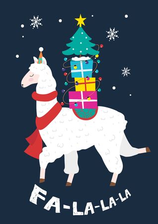 Christmas greeting card with cute white lama vector illustration. Joyful alpaca smiling and holding pile of colorful presents with cute ribbons flat design concept. Winter holidays conceptのイラスト素材