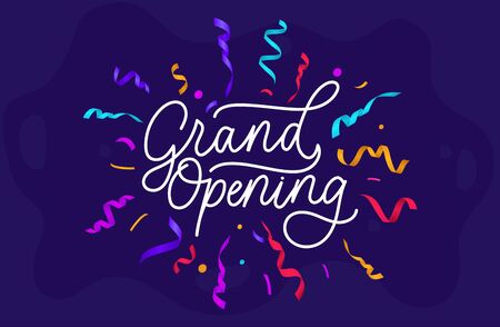 Grand opening festive banner on blue background vector illustration. Template with white lettering with bright colorful ribbons flat style concept. Advertising conceptのイラスト素材