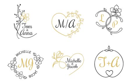 Wedding invitation labels with floral elements vector illustration. Festive emblems with names of bride and groom with blossom decorations. Isolated on white backgroundのイラスト素材
