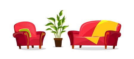 Cartoon sofa and armchair in living room vector illustration. Red furniture with blanket and pillow and potted plant for cozy interior design. Isolated on white backgroundのイラスト素材