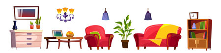 Cozy cartoon living room furniture on white background vector illustration. Sofa armchair dresser bookcase potted plant coffee table and picture flat design. Interior conceptのイラスト素材