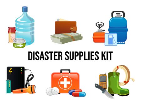 Disaster supplies kit set in cartoon style vector illustration. Collection essential goods flat design. Food, first aid, banknotes, flashlight. Survival emergency concept. Isolated on whiteの販売画像