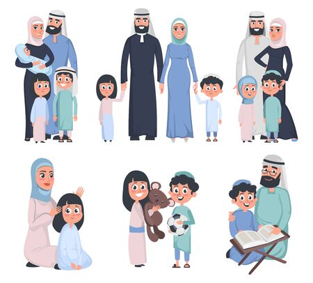 Muslim family set isolated on white background vector illustration. Mother father children and grandfather in good relationships flat style design. Traditions conceptのイラスト素材