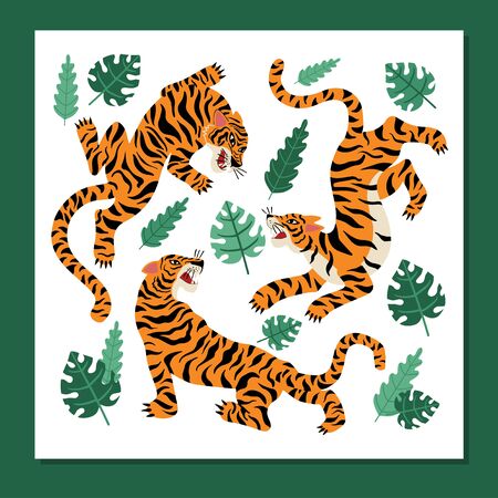 Funny tigers and tropical leaves card in trendy design vector illustration. Animals in different positions on white in green frame with exotic tropical plants flat designのイラスト素材
