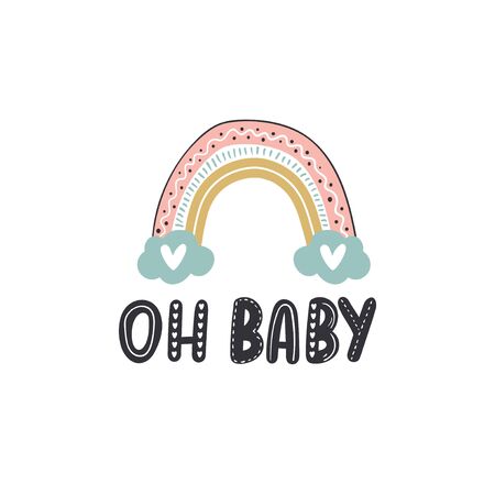 Oh baby inspirational lettering with rainbow vector illustration. Hand drawn paint with pastel colours and cute hearts flat style. Love or greeting card conceptのイラスト素材