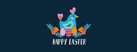 Happy easter greeting card with chicken and eggs vector illustration. Banner with bright colourful...