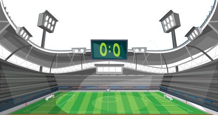 Sports stadium with lights and zero sum game vector illustration. Football field with scoreboard and spotlight cartoon design. Teamgame and soccer conceptのイラスト素材