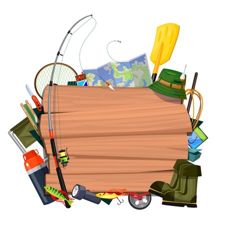 Fishing banner or flyer with different supplies vector illustration. Wooden board witj copy space for text cartoon design. Outdoors activity and joy concept. Isolated on white backgroundのイラスト素材