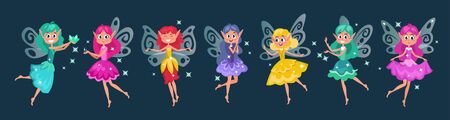 Cute fairies dressed in colourful dresses vector illustration. Little creatures with bright hair and wings flat style. Mythical characters on dark background. Magic conceptのイラスト素材