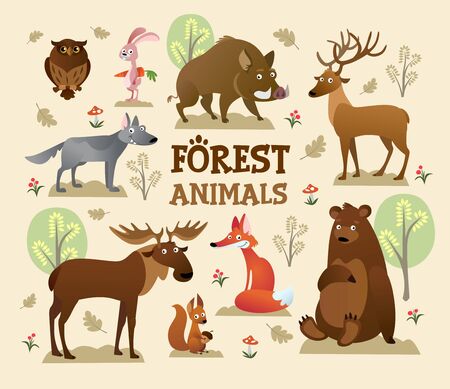Collection of forest and wild animals with decor vector illustration. Rabbit with carrot and squirrel with nut flat style. Trees and greenery. Wildlife and nature creatures conceptのイラスト素材