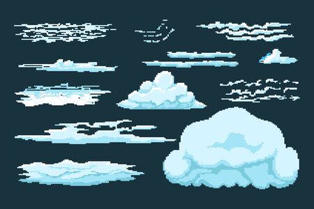 Set of pixel clouds in various shapes and sizes vector illustration. Fluffy old school design flat style. Apps and computer games concept. Isolated on dark backgroundのイラスト素材