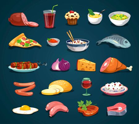 Cartoon food icons set isolated on dark background vector illustration. Collection of cooked, raw meals and drinks for restaurant, delivery menu, advertisementのイラスト素材