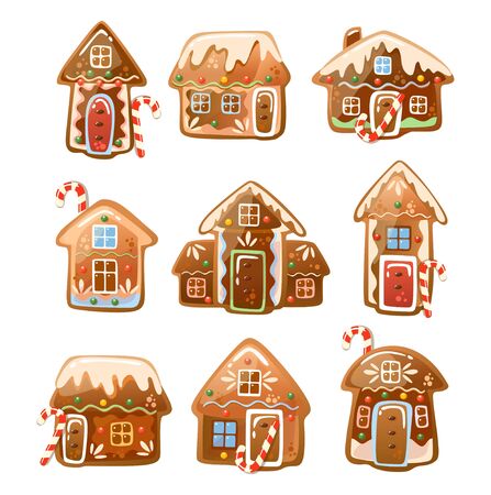Christmas houses made of gingerbread cookies vector illustration. Yummy biscuits with nice decorations flat style. Happy winter holidays concept. Isolated on white backgroundのイラスト素材