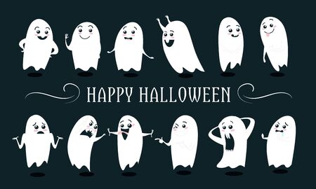 Happy halloween lettering and cute ghosts vector illustration. Funny kind monsters with various face expressions flat style. Happy autumn celebration concept. Isolated on dark backgroundのイラスト素材