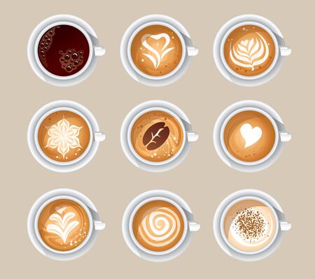 Top view of aromatic cups with tasty coffee vector illustration. Different patterns on beverage flat style. Cappuccino americano espresso mocha latte cocoa. Isolated on beige backgroundのイラスト素材