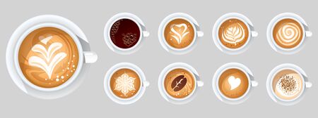 Set of coffee cups with different toppings vector illustration. Various types of beverage flat style. Cappuccino americano espresso mocha latte cocoa. Isolated on beige backgroundのイラスト素材