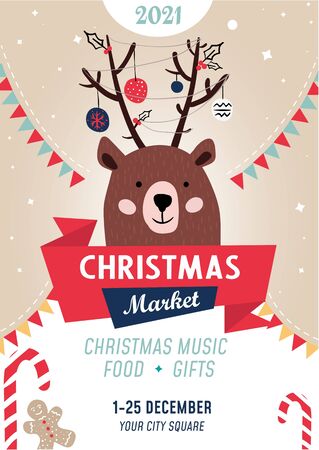 Christmas market poster template with bear vector illustration. Christmas music food and gifts flat style. Address information about festive event. Colourful announcement. Happy new year conceptのイラスト素材