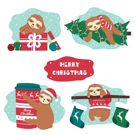 Set of cute lazy festive christmas sloth and decor vector illustration. Animal in knitted sweater hug xmas tree cup of hot chocolate and present box flat style. Text on red sign. Isolated on whiteのイラスト素材