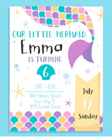 Cute mermaid birthday costume party invitation vector illustration. Address information about festive event flat style. Childhood concept. Isolated on blue backgroundのイラスト素材