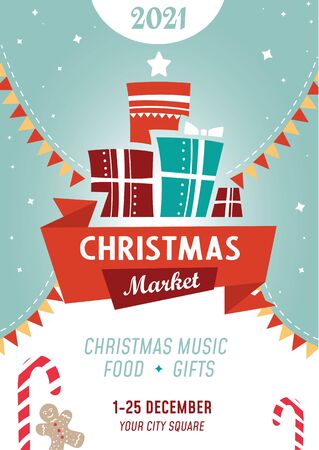 Bright colourful christmas market poster template vector illustration. Nameplate with lettering flat style. Advertising banner. Joyful and fun event. Happy new year and xmas conceptのイラスト素材