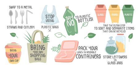Eco handwritten quotes and colourful objects vector illustration. Stop using plastic bags and bring your own cup flat style. Separating trash concept. Isolated on white backgroundのイラスト素材