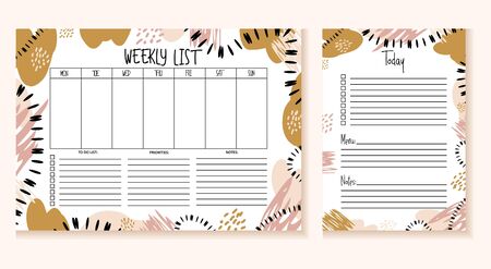 Printable planner design template weekly list vector illustration. To do list priorities and notes flat style. Stylish design of diary. Reminder concept. Isolated on pink backgroundのイラスト素材