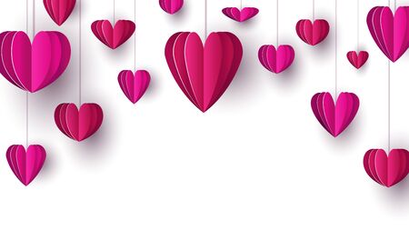 Bright pink paper hearts as decoration symbol of love vector illustration. Handmade origami flat style. Different sizes of decor. Valentines day concept. Copy space. Isolated on white backgroundのイラスト素材