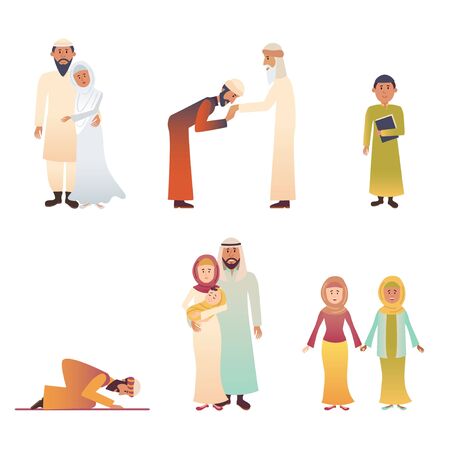 Set of muslim characters in national costumes vector illustration. Father mother and children flat style. Man pray. People in different poses. Isolated on white backgroundのイラスト素材