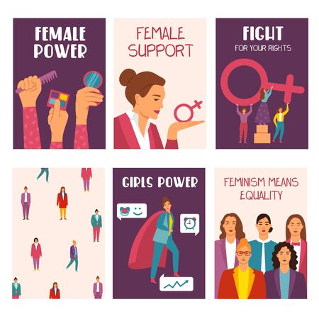 Feminism movement cards collection on white background vector illustration. Set of female power, support, fight for rights, feminism means equality flyers flat style designのイラスト素材