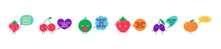Summer yummy fruits with funny quotes set vector illustration. Berry sweet i love you cherry much and olive you text flat style. Juicy seasonal food concept. Isolated on white backgroundのイラスト素材