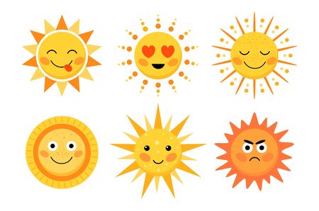 Bright yellow sun cute character with smile vector illustration. Round shaped summer symbol flat style. Various emotions and face expressions. Warmth concept. Isolated on white backgroundのイラスト素材