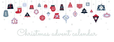 Colourful festive christmas advent calendar vector illustration. Numbers from one to twenty five flat style. Xmas decoration. New year concept. Isolated on white backgroundのイラスト素材