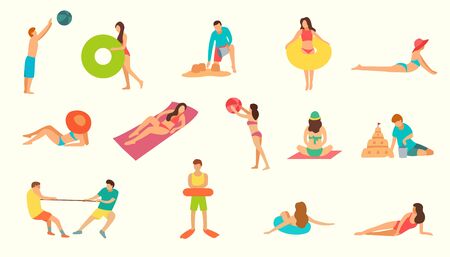 Summer beach activities set on white backdrop vector illustration. Collection of people playing volleyball, building sand castles, swimming, sunbathing isolated on light backgroundのイラスト素材