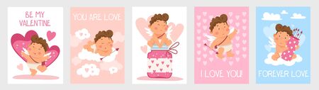 Set of cute valentines day cards with little boy vector illustration. I love you forever love and be my valentine lettering flat style. Sweet greeting. Relationship and holiday conceptのイラスト素材