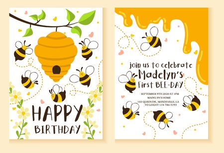 Kids party invitation with bees design template vector illustration. Bright bees and beehive flat style. Happy birthday fun celebration concept. Isolated on peach backgroundのイラスト素材