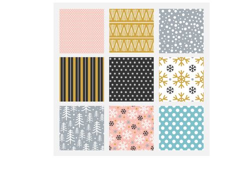 Simple bright winter patterns set in square vector illustration. Collection of various bright textures flat style. Modern design concept. Isolated on white backgroundのイラスト素材