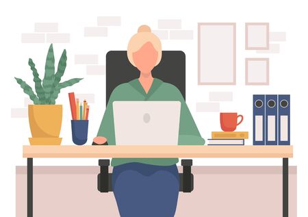 Elderly woman working from home on laptop vector illustration. Office with plant and pc flat style. Remote job and freelancer concept. Isolated on white backgroundのイラスト素材