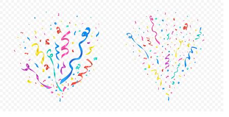 Confetti explosion set on transparent background vector illustration. Celebration of holiday or birthday. Festive ribbons multicolor crackers. Flying colored papersのイラスト素材