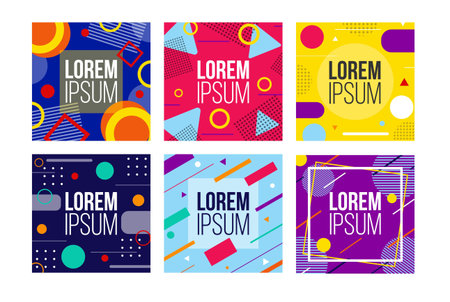 Abstract bright colourful banners set in square vector illustration. Geometrical figures in different colours flat style. Ad or promo concept. Copy space for text. Isolated on white backgroundのイラスト素材